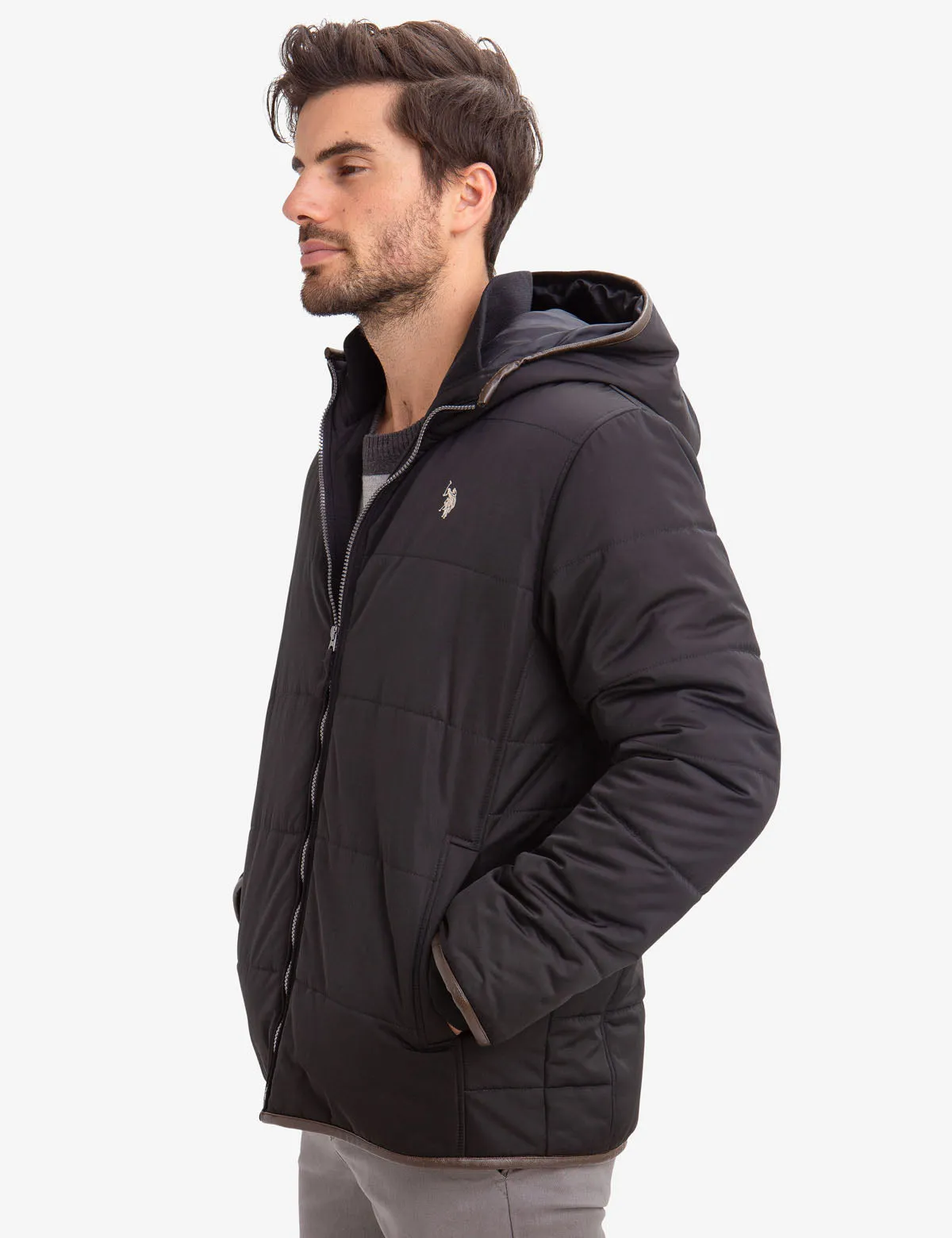 LEATHER TRIM FLEECE LINED PUFFER COAT